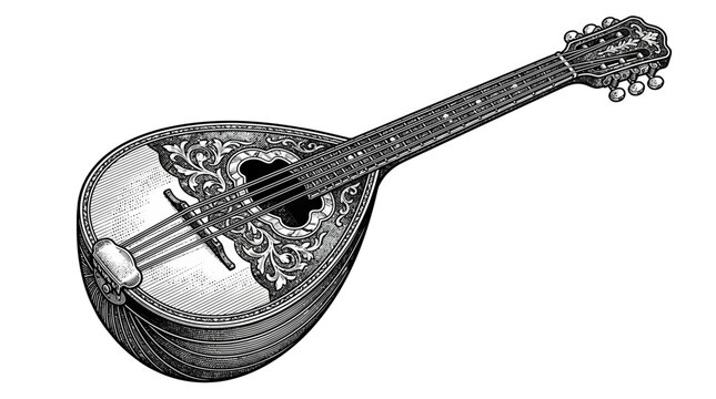 The Image Is A Black And White Illustration Of A Mandolin The Mandolin Is