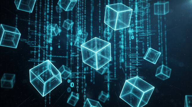 Decentralized blockchain concept with cubes and digital code