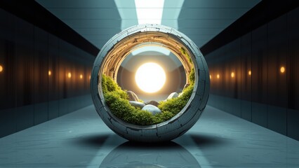 Fototapeta premium Orb contains lush greenery, rocks, bright light. Futuristic tunnel surrounds sphere, creating dramatic visual effect. Minimalist, clean aesthetic.