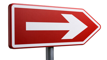 Red rectangular road sign with white arrow pointing to the right on metal post © Ari