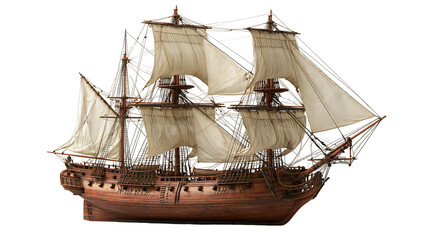 Detailed wooden model of a historic three-masted sailing ship with white sails © Ari