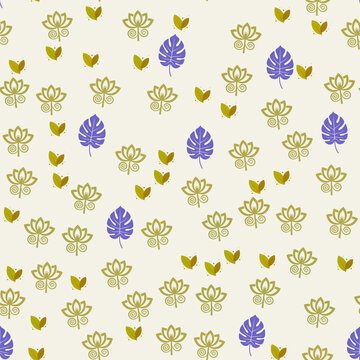 Seamless pattern of stylized lotus flowers and monstera leaves