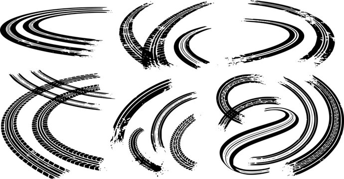 Tire tread marks after skidding, launch, drift, powerslide in motorsport, rally, off-road, motocross. Wheel texture with splash effect. Vector, transparent EPS version.