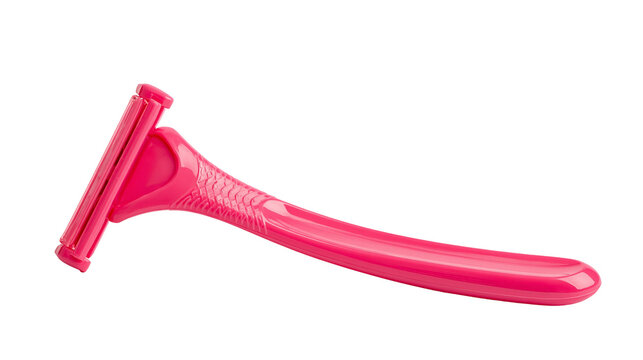 Bright pink plastic disposable razor with twin blades and textured handle