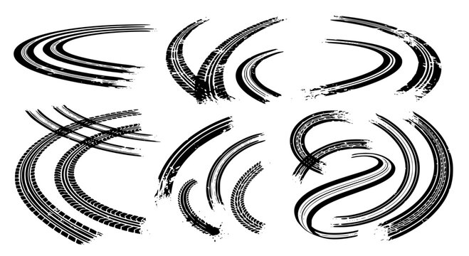 Tire tread marks after skidding, launch, drift, powerslide in motorsport, rally, off-road, motocross. Wheel texture with splash effect. Vector, transparent SVG version.