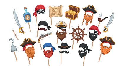 Obraz premium Cute pirate photo booth props collection set with hats masks beards map and sword isolated on white background vector