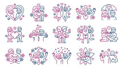 Fototapeta premium Collection of stylized icons representing love, friendship, and happy relationships between couples and friends.