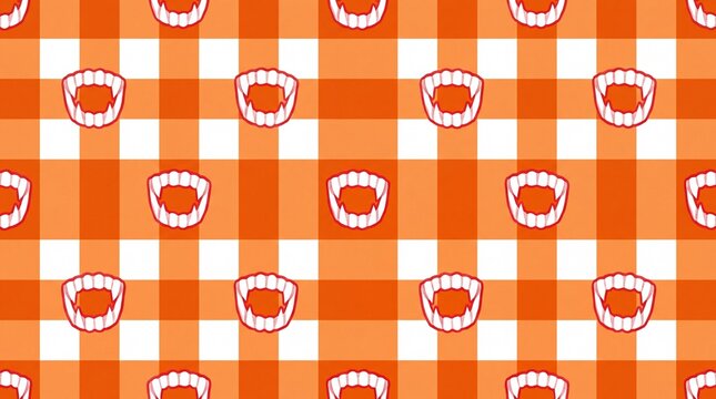 Halloween vampire fangs seamless pattern on orange gingham plaid background