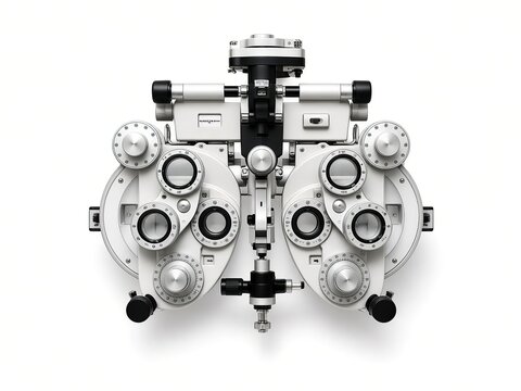 Optical Phoropter refraction vision testing device with auxiliary lenses controls isolated on white background high key studio shot.