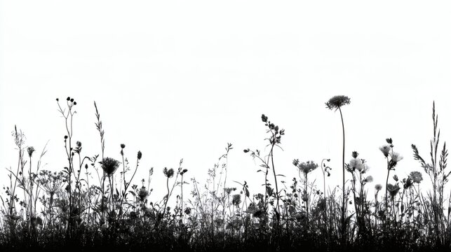Black and white silhouette of wild meadow flowers and grasses rising against a bright empty sky, creating a delicate minimalist nature scene with space for text.
