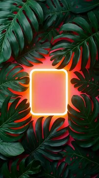 Creative fluorescent color layout made of tropical leaves with neon light square. Flat lay. Nature concept..