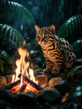 Small wildcat sits near bright campfire in dark jungle. Spotted oncilla looks at flame while rain falls in tropical forest. Rare predator rests by fire pit among green ferns and wet leaves at night.