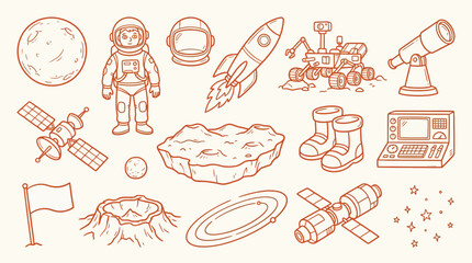 A whimsical collection of hand-drawn space exploration icons, featuring astronauts, rockets, planets, and celestial bodies, perfect for educational or creative projects. © quina