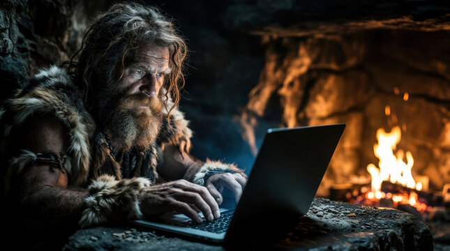 Primitive caveman with long beard uses modern laptop in dark stone cave. Neanderthal man works on computer near campfire. Funny concept of prehistoric human using digital tech for business remote