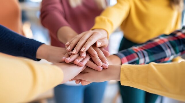 Group of people demonstrating unity and partnership by stacking their hands together.