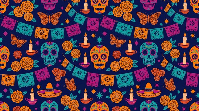 cultural patterns, vibrant dia de los muertos pattern showcasing sugar skulls and marigolds