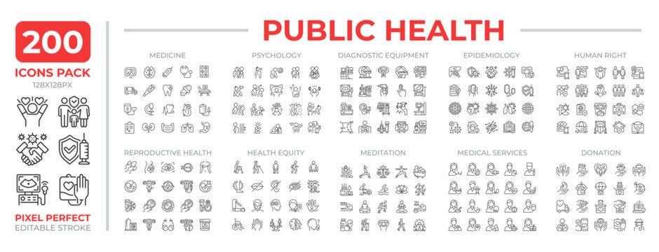 Public health line icons set collection. Community medical problems prevention. Healthcare industry mega pack of linear pictograms, pixel perfect. Isolated vector illustrations. Editable stroke