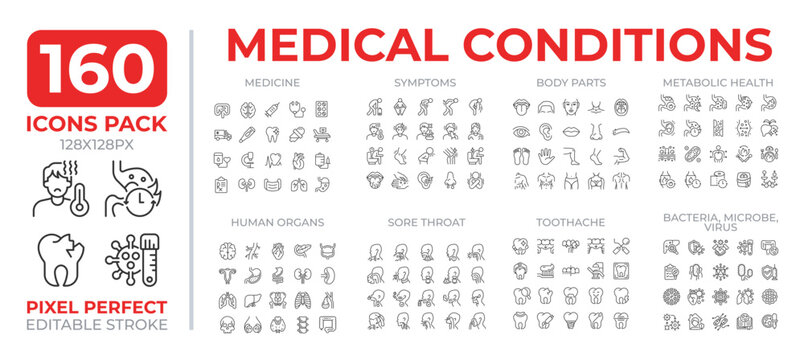 Medical conditions line icons set collection. Effective diagnostic technology. Treatment improvement mega pack of linear pictograms, pixel perfect. Isolated vector illustrations. Editable stroke
