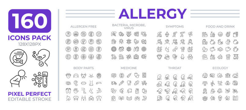 Allergy line icons set collection. Exaggerated immune system response to harmless foreign substance mega pack of linear pictograms, pixel perfect. Isolated vector illustrations. Editable stroke