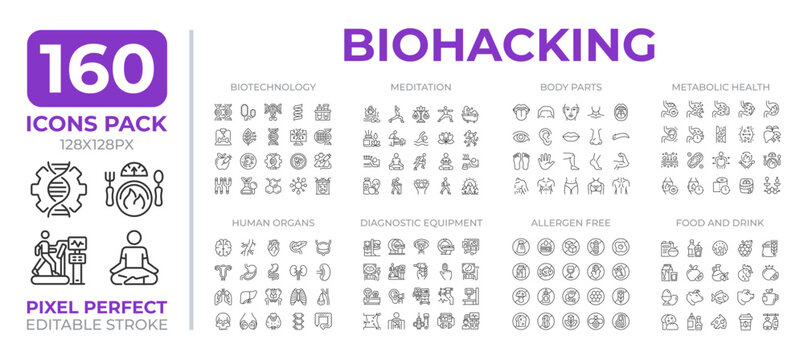 Biohacking line icons set collection. Optimize body and mind functioning. Improving health conditions mega pack of linear pictograms, pixel perfect. Isolated vector illustrations. Editable stroke
