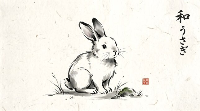 White rabbit sitting in traditional japanese sumi e ink wash style