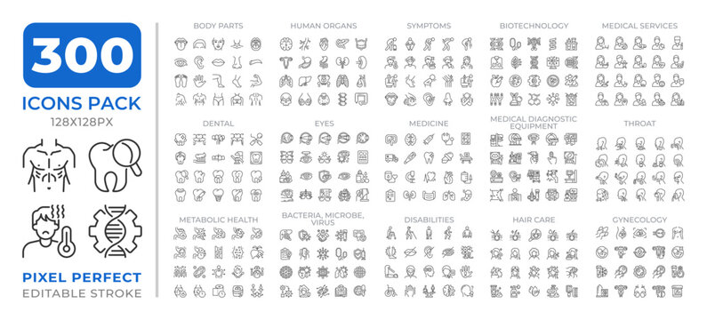 Human body research line icons set collection. Medicine development process. Patient care service mega pack of linear pictograms, pixel perfect. Isolated vector illustrations. Editable stroke