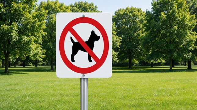 No dogs allowed sign stands on metal pole in green public park. Red prohibition symbol warns pet owners about restrictions on grassy area. Sunny day with rich trees, lawn in city garden recreational