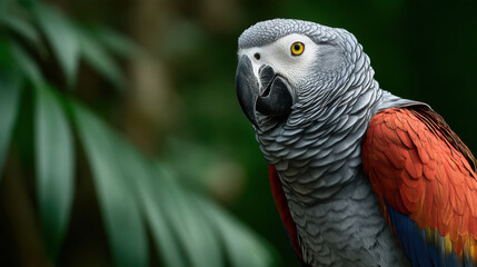 Obraz premium African grey parrot red feather yellow eye tropical bird close up green background wildlife nature