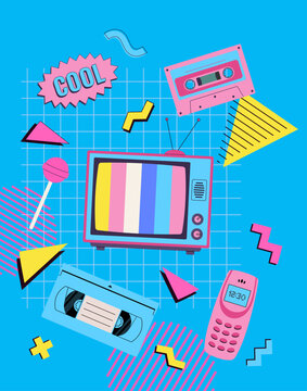 Retro 90s vector composition with vintage television, cassette tapes, VHS, mobile phone, and geometric Memphis style elements on blue grid background