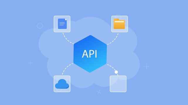 Flat vector animation showing an AI hub connected to documents, folders, cloud upload, and database icons for cloud storage and digital file management.