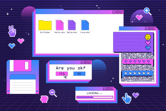 Retro vaporwave UI set with pixel art operating system windows, file folder, floppy disk, chat bubbles, loading bar, and mouse cursor pointers on nostalgic cyberspace grid background