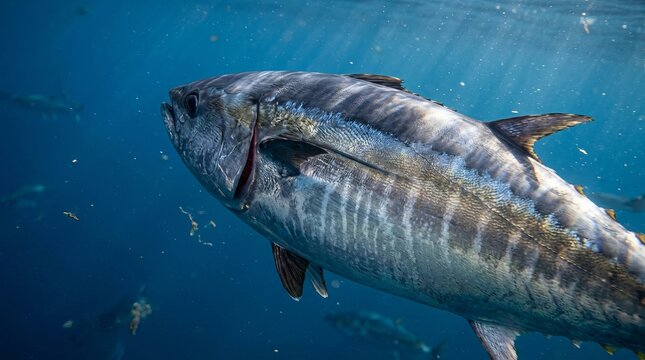 Majestic Large Tuna Swimming Gracefully Through Deep Blue Sea Underwater