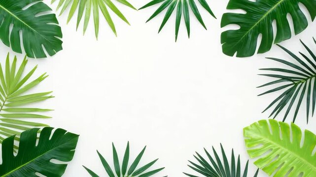 Creative layout made of colorful tropical leaves on white background. Minimal summer composition. Exotic concept with copy space. Border arrangement..