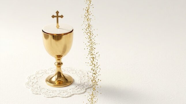 Golden chalice with a cross on white lace for first communion invitation.