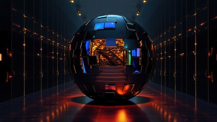 Fototapeta premium Futuristic eggshaped structure sits within dark room. Glowing lines create tunnel effect, illuminating reflective surface. Interior reveals staircase.