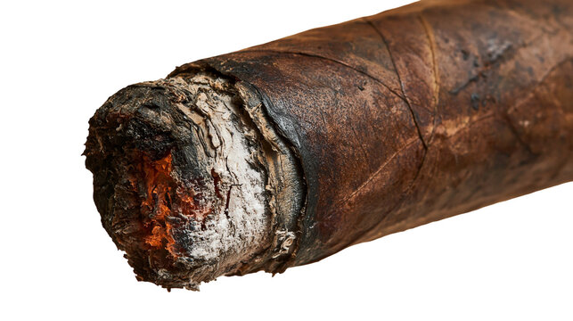 Lit premium brown tobacco cigar with glowing embers and grey ash