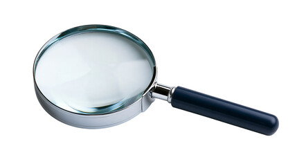 Handheld magnifying glass with silver metal frame and dark blue plastic handle © Thaddeus