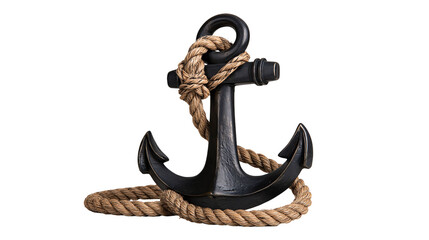 Black metal ship anchor wrapped with thick brown twisted nautical rope © Thaddeus