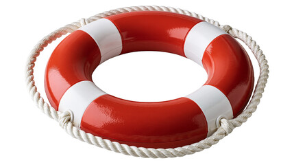 Red and white circular lifebuoy ring with braided rope grab line © Thaddeus