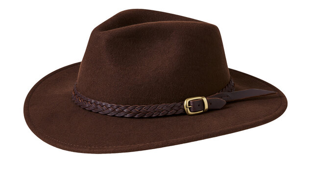 Dark brown felt fedora hat with braided leather band and metal buckle