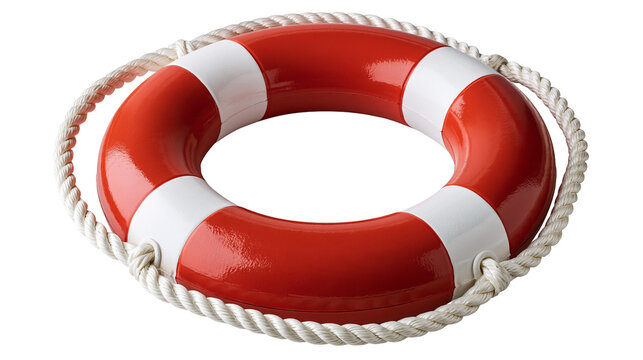 Red and white circular lifebuoy ring with braided rope grab line