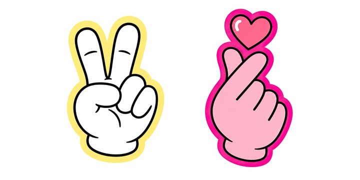 Two cartoon hand gestures illustrating peace sign and Korean finger heart symbol on a clean white background.