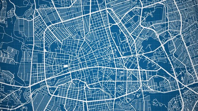 Ink reveal animation of Aguascalientes city, Mexico (M&eacute;xico) grid map. Aerial top view. Blueprint style. White lines with blue background. 4K Seamless loop.