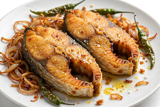 Crispy Fried Hilsa Fish Ilish Bhaja With Fried Onions And Green Chilies
