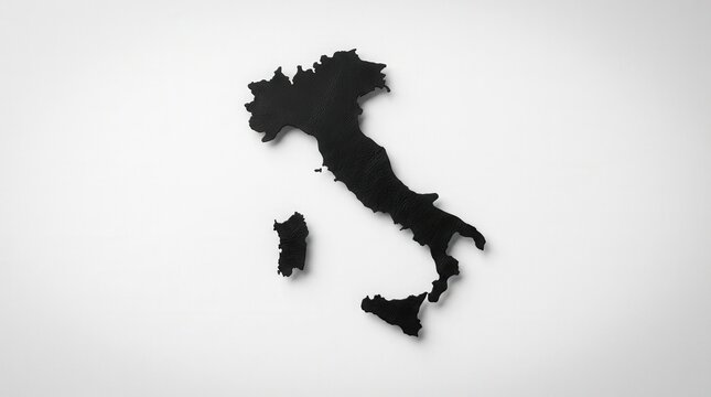 Simple graphic design featuring a black silhouette of Italy map on white background with Sardinia and Sicily islands for travel or geography themes.