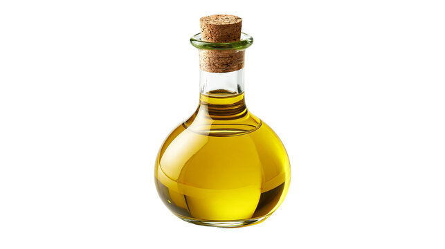Round glass bottle filled with golden olive oil and sealed with a cork stopper