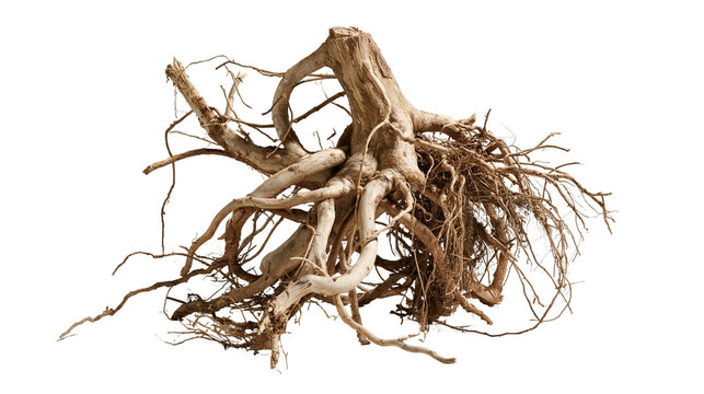 Gnarled dry tree root system with tangled woody branches and fibrous texture