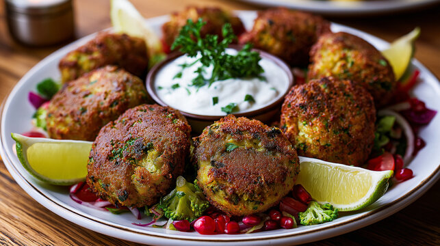 Crispy Broccoli and Chickpea Bhajis with Yogurt Dip and Pomegranate