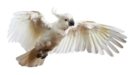 White umbrella cockatoo bird with crest flying with wings spread wide © Thaddeus