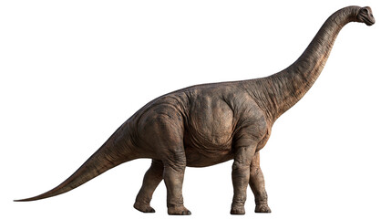 Brachiosaurus dinosaur with long neck and textured brown skin standing profile © Thaddeus